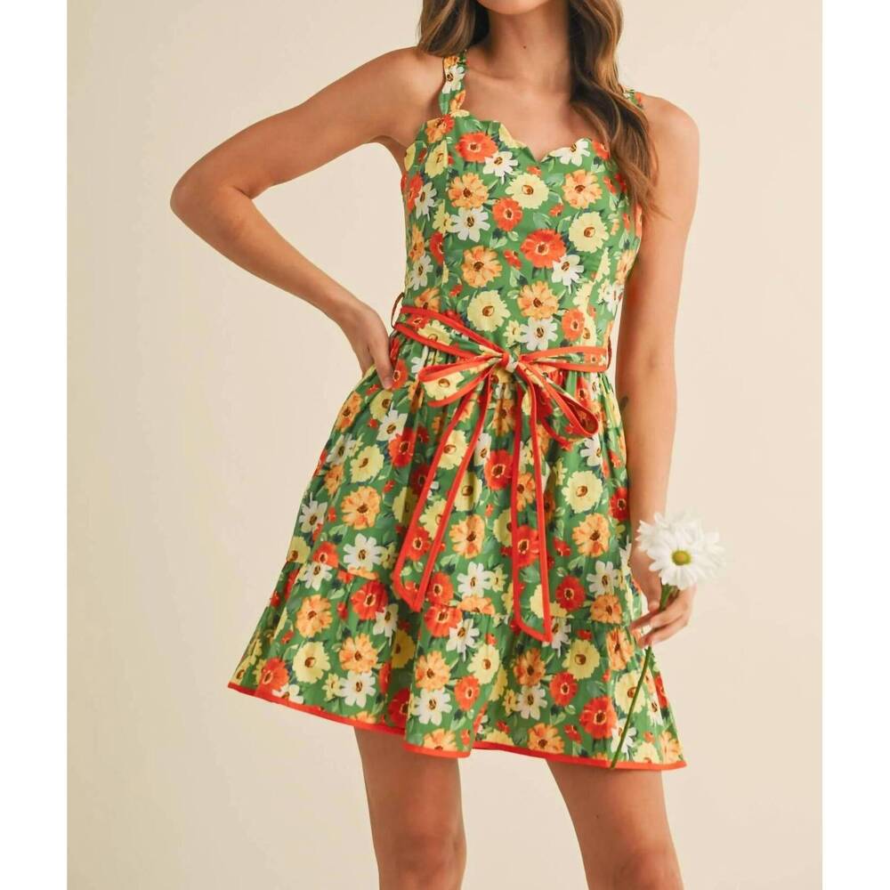 NEW &MERCI scalloped mini dress in green multi floral